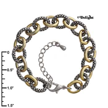 F1356 tlf - Smooth & Braided Link Silver Charm Bracelet - Im. Rhodium and Gold (7