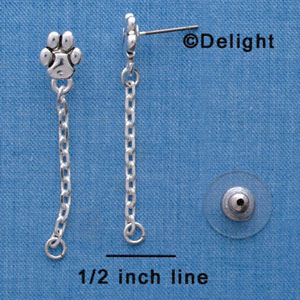 F1418 tlf - Mini Paw with Dangle Chain - Silver Plated Post Earrings (1 Pair per package)