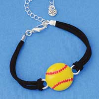 BR-F1498-F1525 tlf - Large Enamel Softball - Silver Plated Black Suede Bracelet
