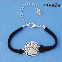 BR-F1504-F1525 tlf - Large Enamel Silver Paw - Silver Plated Black Suede Bracelet