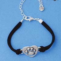 BR-F1505-F1525 tlf - Large Enamel Paw in Heart - Silver Plated Black Suede Bracelet