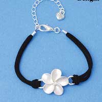 BR-F1509-F1525 tlf - Large Enamel Pearl White Plumeria Flower - Silver Plated Black Suede Bracelet