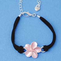 BR-F1510-F1525 tlf - Large Enamel Pearl Pink Plumeria Flower - Silver Plated Black Suede Bracelet