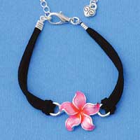 BR-F1511-F1525 tlf - Large Enamel Hot Pink and Orange Hibiscus Flower - Silver Plated Black Suede Bracelet