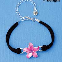 BR-F1512-F1525 tlf - Large Enamel Hot Pink and Purple Hibiscus Flower - Silver Plated Black Suede Bracelet