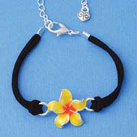 BR-F1513-F1525 tlf - Large Enamel Hot Yellow and Orange Hibiscus Flower - Silver Plated Black Suede Bracelet