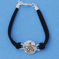 BR-F1514-F1525 tlf - Large Sand Dollar - Silver Plated Black Suede Bracelet