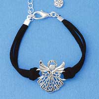 BR-F1515-F1525 tlf - Large Angel - Silver Plated Black Suede Bracelet
