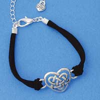 BR-F1516-F1525 tlf - Large Celtic Knot Heart - Silver Plated Black Suede Bracelet