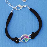 BR-F1518-F1525 tlf - Large Translucent Multicolored Peace Sign - Silver Plated Black Suede Bracelet
