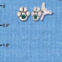 F1129 - Mini Silver Paw with Emerald Green Swarovski Crystal - Post Earrings (1 pair per package)