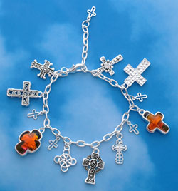 BR-D-Cross tlf - Orange Dichroic Resin Cross - Silver Plated Charm Bracelet 