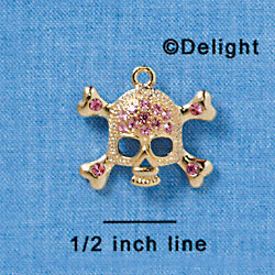 Large Gold Skull and Crossbones with Pink Swarovski Crystals - Gold Charm