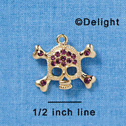 Large Gold Skull and Crossbones with Purple Swarovski Crystals - Gold Charm