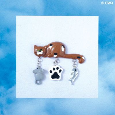 PIN-8092 - Brown Cat Charm Pin with Dangling Mouse, Paw, and Fish Bones Charms