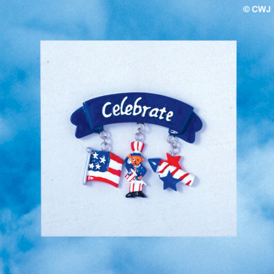 PIN-8152 - Patriotic Celebrate Blue Charm Pin with Dangling USA Flag, Uncle Sam, Firecracker Charms