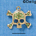 Large Gold Skull and Crossbones with Peridot Green Swarovski Crystals - Gold Charm