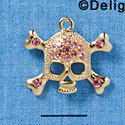 Large Gold Skull and Crossbones with Pink Swarovski Crystals - Gold Charm