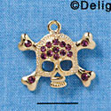 Large Gold Skull and Crossbones with Purple Swarovski Crystals - Gold Charm