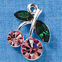 Pink Swarovski Cherries with Emerald Swarovski Leaves - Silver Charm