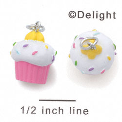 N1096+ tlf - White Cupcake with Pink Frosting - 3-D Hand Painted Resin Charm  