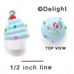 N1099+ tlf - White Cupcake with Blue Frosting - 3-D Hand Painted Resin Charm  