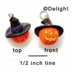 N1111+ tlf - Jack-o-Lantern with Witch Hat - 3-D Hand Painted Resin Charm