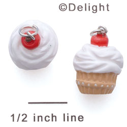 N1119+ tlf - Vanilla Cupcake with White Frosting and Cherry - 3-D Hand Painted Resin Charm